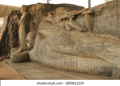 Polonnaruwa Sri Lanka Ancient Ruins Statue Of Reclining Buddha Laying Down