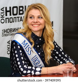 Poltava, March 25, 2016 - The winner of the beauty contest Miss Ukrainian Diaspora 2015 (Chicago, USA) Ievgeniia Boridka beard during a meeting with journalists in news agency News Poltava.