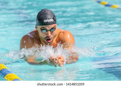 POLTAVA, UKRAINE - 1 JUNE 2019: Man While Swimming During Open Swimming Tournament «Poltava Masters IV Championship» In The Pool «Delfin»