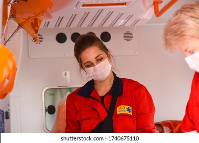 Poltava, Ukraine - 21 May, 2020: Medical Ambulance Worker In A Protective Mask