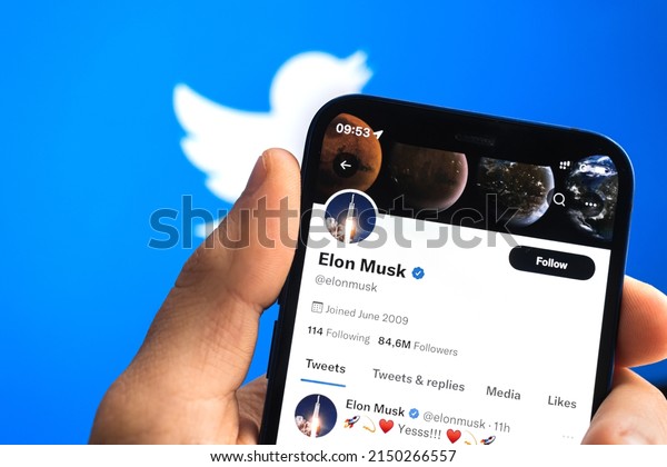 Poltava, Ukraine - April 26, 2022:\
Elon Musk Twitter profile and social media logo\
background