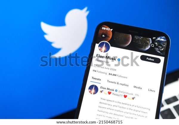 Poltava,\
Ukraine - April 26, 2022: Elon Musk and Twitter logo background.\
Selling big social media platform\
concept
