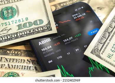 Poltava, Ukraine - April 28, 2022: Airbnb Stock Trade Market Background, Finance And Business Concept With Dollar Money Banknotes Closeup