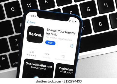 Poltava, Ukraine - April 28, 2022: BeReal App Logo, Mobile Phone Application Icon Close-up Photo