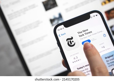 Poltava, Ukraine - April 5, 2022: The New York Times App Icon. Woman Use News Application, Breaking News Concept