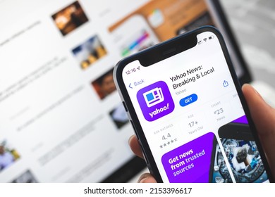 Poltava, Ukraine - April 5, 2022: Yahoo News App Icon. Woman Use News Application, Breaking News Concept