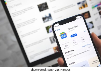 Poltava, Ukraine - April 5, 2022: Google News App Icon. Woman Use News Application, Breaking News Concept