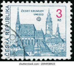 POLTAVA, UKRAINE - Desember 22, 2021. Vintage stamp printed in Czechoslovakia circa 1993 shows Czech Krumlov