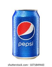POLTAVA, UKRAINE - MARCH 22, 2018:  Pepsi drink in a can on ice isolated on white background. Pepsi is carbonated soft drink produced by PepsiCo. Pepsi was created and developed in 1893