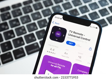 Poltava, Ukraine - May 2, 2022: TV Remote Universal Control App For Mobile Phone. Smart Home Concept Photo With Application