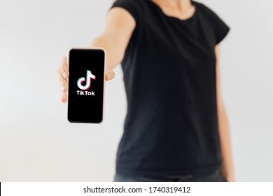 Poltava, Ukraine - May 2020 Tiktok App On Phone Screen In Girl Hands