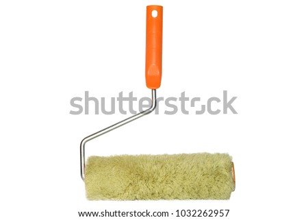 Polyacrylic paint roller with orange plastic handle isolated on white background