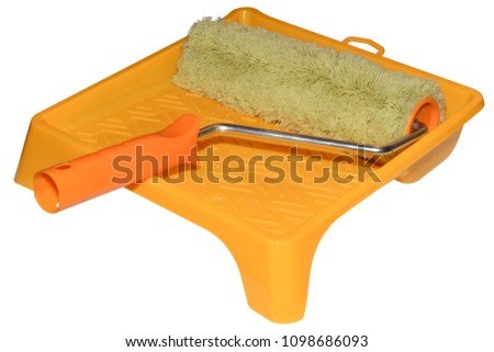 Polyacrylic paint roller with orange plastic handle isolated on white background