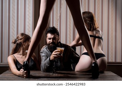Polyamory and polygamy. Threesome of man and two sexy woman. Threesome group. Polyamory three people. Romantic relationships of Threesome. Passionately couple threesome. A group of sexy models.