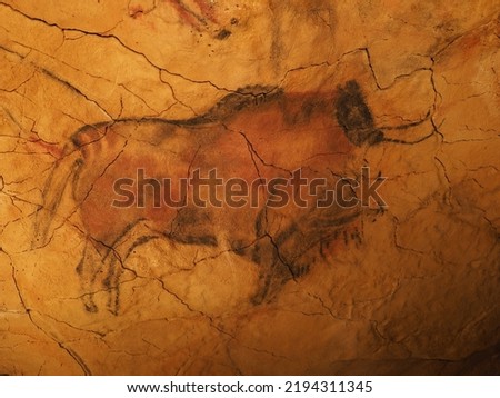 Polychrome Magdalenian bison in Altamira cave near european Santillana del Mar town in Cantabria province in Spain in 2019 on September.