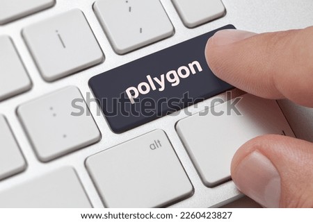  Polygon cryptocurrency,commerce concept;Male finger pressing computer key with polygon token logo.Modern purple color matic icon. 