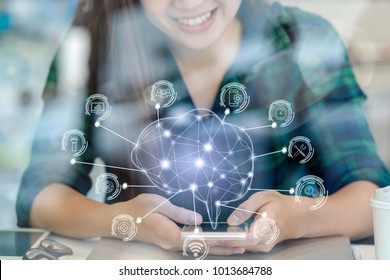 Polygonal brain shape of an artificial intelligence with various icon of smart city Internet of Things Technology over Asian businesswoman hand using the smart mobile phone,AI and business IOT concept - Shutterstock ID 1013684788