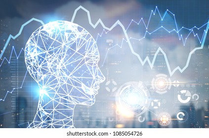 Polygonal brain shape of an artificial intelligence with lines and glowing dots and shadow over the dark blue background. HUD Mock up toned image double exposure