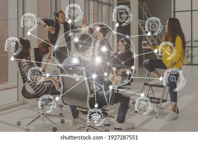 Polygonal brain shape of an artificial intelligence with various icon of smart city Internet of Things over group of diverse Business people are brainstorming and hand shaking