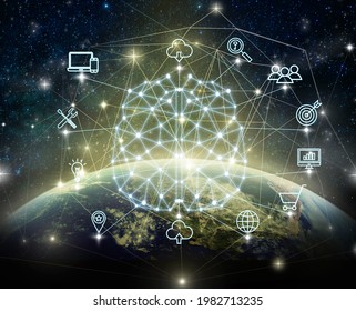Polygonal brain shape of artificial intelligence with various icon of smart city Internet of Things Technology over Part of earth over the Milky Way background,Elements of this image furnished by NASA