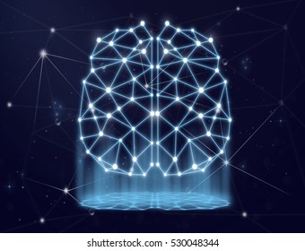 polygonal brain shape of an artificial intelligence with lines and dots and shadow over the Technology connection shape background, business technology and network connections concept