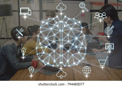 Polygonal brain shape of an artificial intelligence with various icon of smart city Internet of Things Technology over Group Of Multiethnic people brainstorming together, AI and business IOT concept