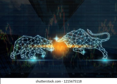 polygonal bull and bear shape writing by lines and dots over the Stock market chart with information over the Modern business building glass of skyscrapers, trading and finance investment concept