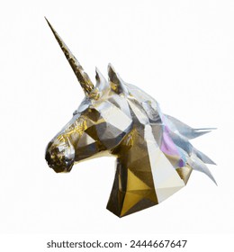 Polygonal glass surface unicorn with golden horn on head, white background