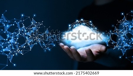 Polygonal wireframe cloud  with connection  on blue background. Big data center and future infrastructure. Business technology and network server online digital data.