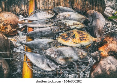 Polynesian Fish Bbq Traditional French Polynesia Food On The Beach - Motu Picnic Cruise Tour Luau In Fakarava, Tahiti, French Polynesia. Grilled Fish On Coconut Charcoal And Palm Tree Wood Barbecue.