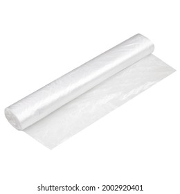 Polypropylene Or Polyethylene Rolls For Packaging In Food Bags.Transparent Blank Cellophane Bags In A Roll Isolated On A White Background. Wrapping Plastic Film, Plastic Oven Cooking Bags.