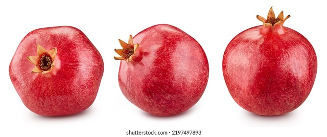 Pomegranate fruit isolated on white background. Three pomegranate with clipping path. Pomegranate macro studio photo