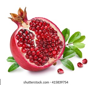 Pomegranate fruit with pomegranate leaves on the white background. - Shutterstock ID 415839754