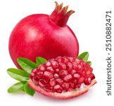 Pomegranate fruit, piece of pomegranate full of seeds and fresh green leaves isolated on a  white background. File contains clipping path.