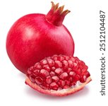 Pomegranate fruit and piece of pomegranate full of seeds on white background. File contains clipping path.