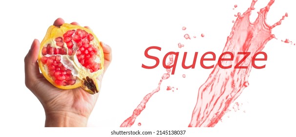 Pomegranate isolated on white background, Hand squeezed and Splashing water with copy space, Juicy fresh fruit that contain Antioxidants or Vitamins nutrients are Beneficial to Health and Beauty care. - Shutterstock ID 2145138037