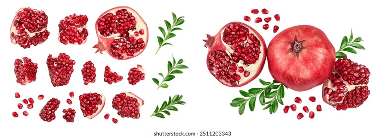 Pomegranate isolated on white background with  full depth of field. Top view. Flat lay. Set or collection