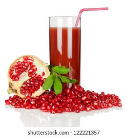 Pomegranate Juice In A Glass, Half Of Pomegranate And Pile Peeled Ripe Seeds. Isolated On White Background