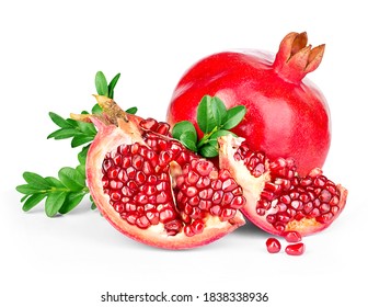 Pomegranate with leaves isolated on white background.