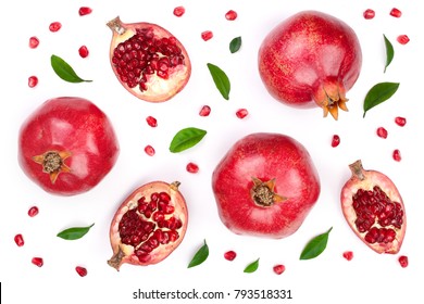 pomegranate with leaves isolated on white background. Top view. Flat lay pattern