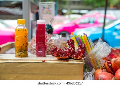 Pomegranate And Passion Fruit Juice At A Street Vendor's Stall, Bangkok, Thailand.