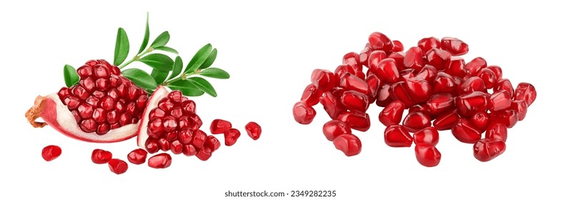 Pomegranate piece with leaf isolated on white background with full depth of field.