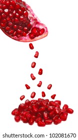 Pomegranate Seeds Falling Down On White Background