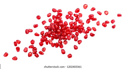 Pomegranate seeds isolated on white background with clipping path, top view