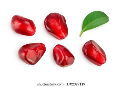 pomegranate seeds isolated on white background with clipping path and full depth of field. Top view. Flat lay.