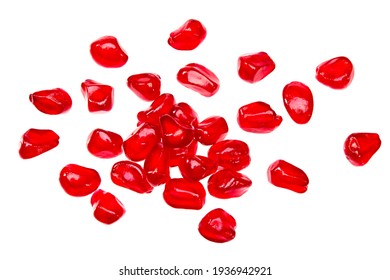 pomegranate seeds isolated on white background. pomegranate berries. top view