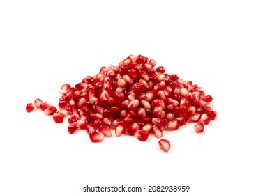 Pomegranate Seeds Pile Isolated On White Background. Heap Of Red Punica Granatum Juicy Grains, Sweet Grenade Fruit Seeds Side View