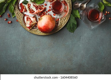 Pomegranate Tea On Dark Background, Flat Lay