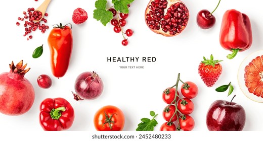 Pomegranate, tomato, apple, pomelo, currant, cherry, strawberry, raspberry, onion, pepper isolated on white background. Healthy red fruit vegetable frame border. Design element. Top view, flat lay
 - Powered by Shutterstock