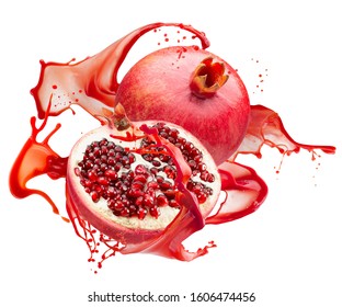 Pomegranates In Red Juice Splash Isolated On A White Background